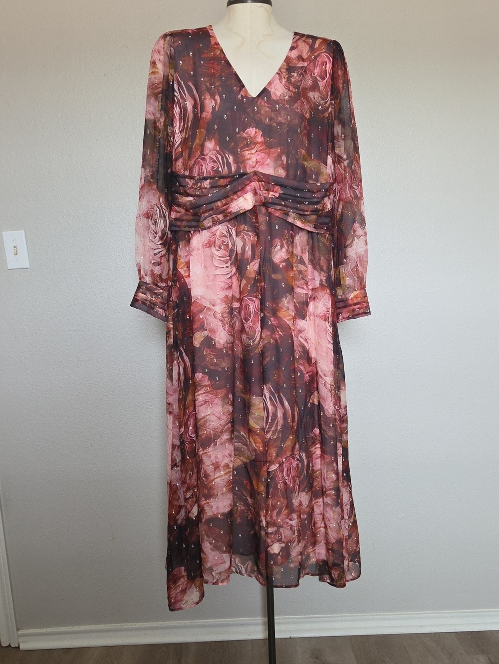 Soft Surroundings Rose-Print Long Sleeve V-Neck Dress in Pink and Brown